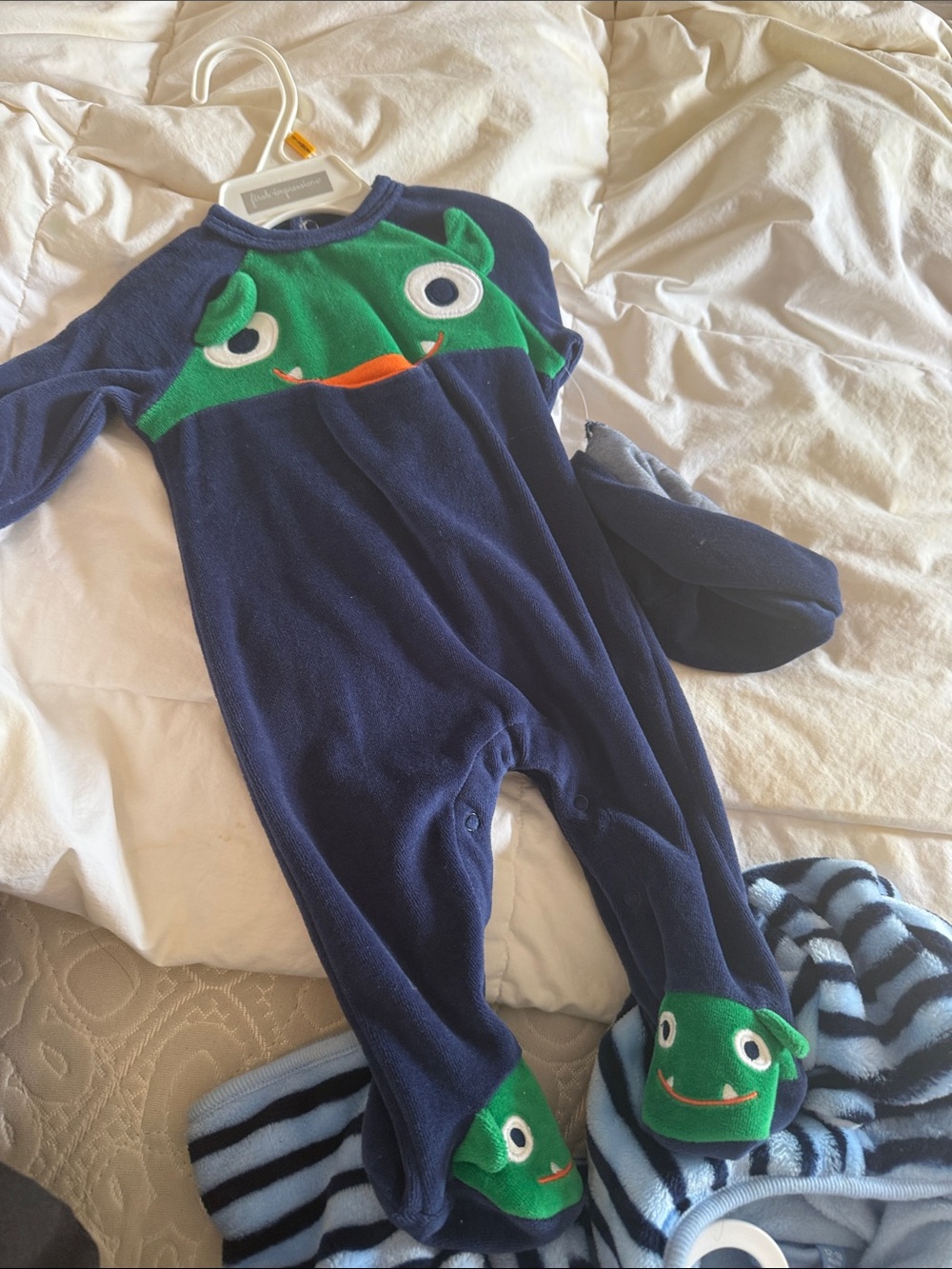 Unbranded Navy & Green Monster Footed One-Piece for Kids
